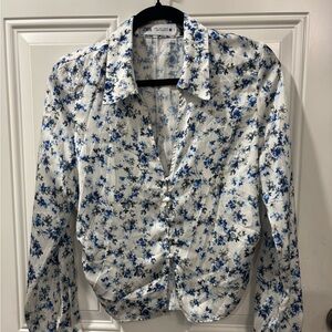 Zara Blue Floral Button Down Shirt L NWT